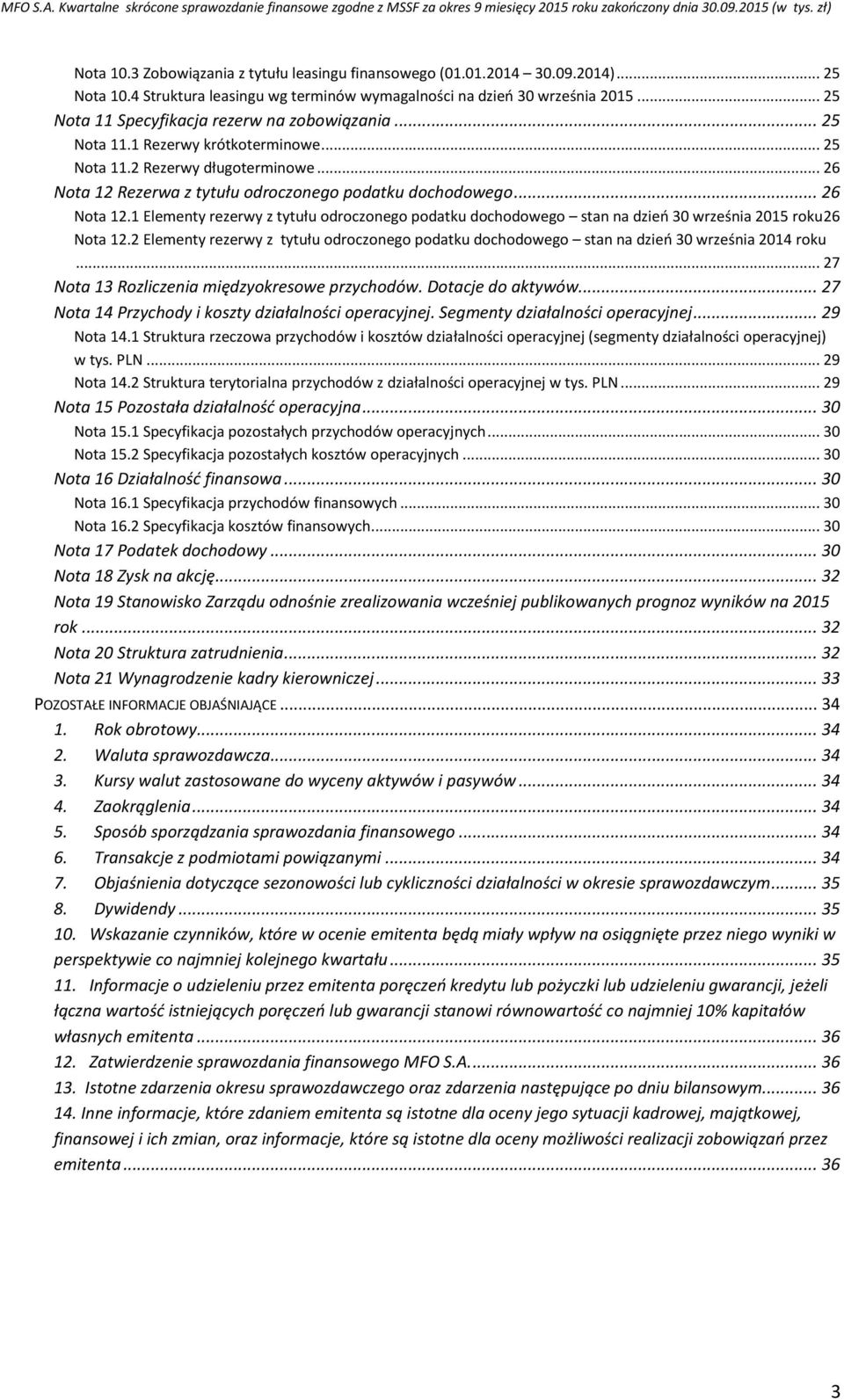 .. 26 Nota 12.1 Elementy rezerwy z tytułu odroczonego podatku dochodowego stan na dzień 30 września 2015 roku 26 Nota 12.