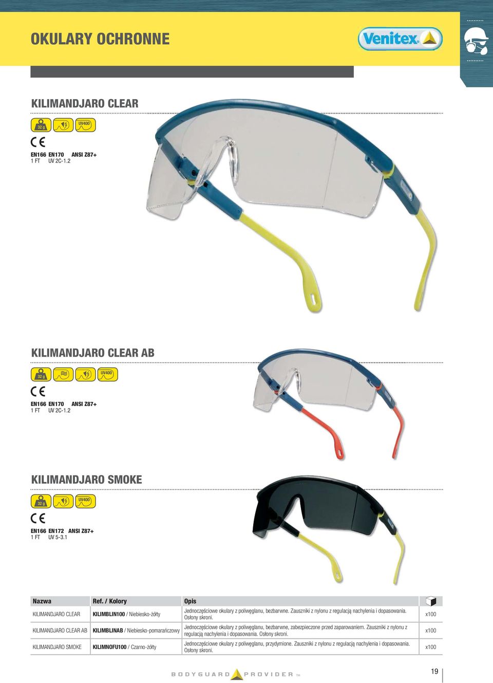 1 KILIMANDJARO CLEAR KILIMANDJARO CLEAR AB KILIMANDJARO SMOKE KILIMBLIN100 / Niebiesko-żółty KILIMBLINAB / Niebiesko-pomarańczowy KILIMNOFU100 / Czarno-żółty Jednoczęściowe okulary z