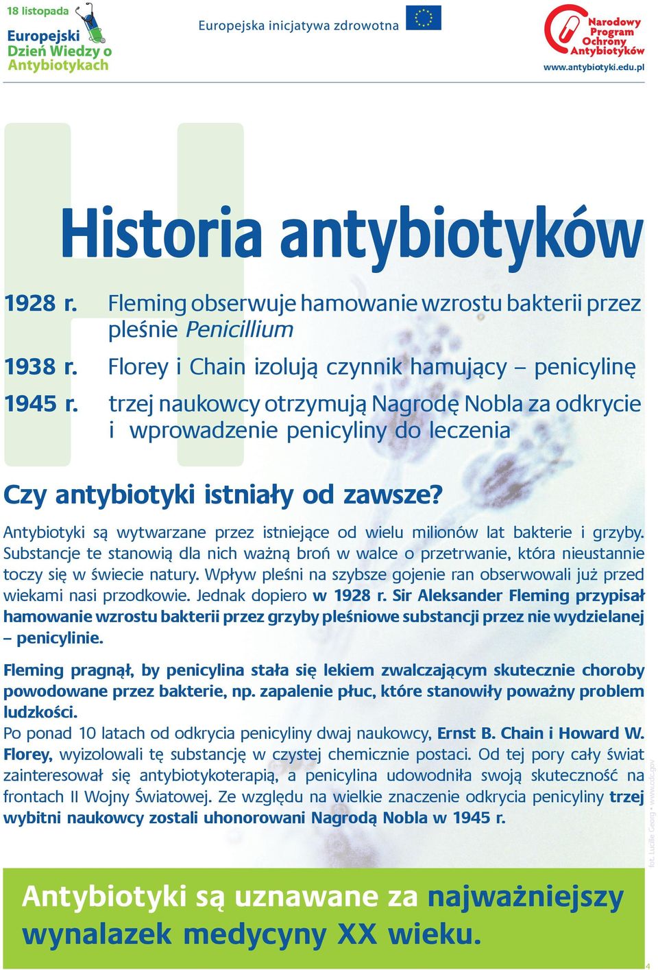 trzej naukowcy otrzymują Nagrodę Nobla za odkrycie i wprowadzenie penicyliny do leczenia Antybiotyki są wytwarzane przez istniejące od wielu milionów lat bakterie i grzyby.