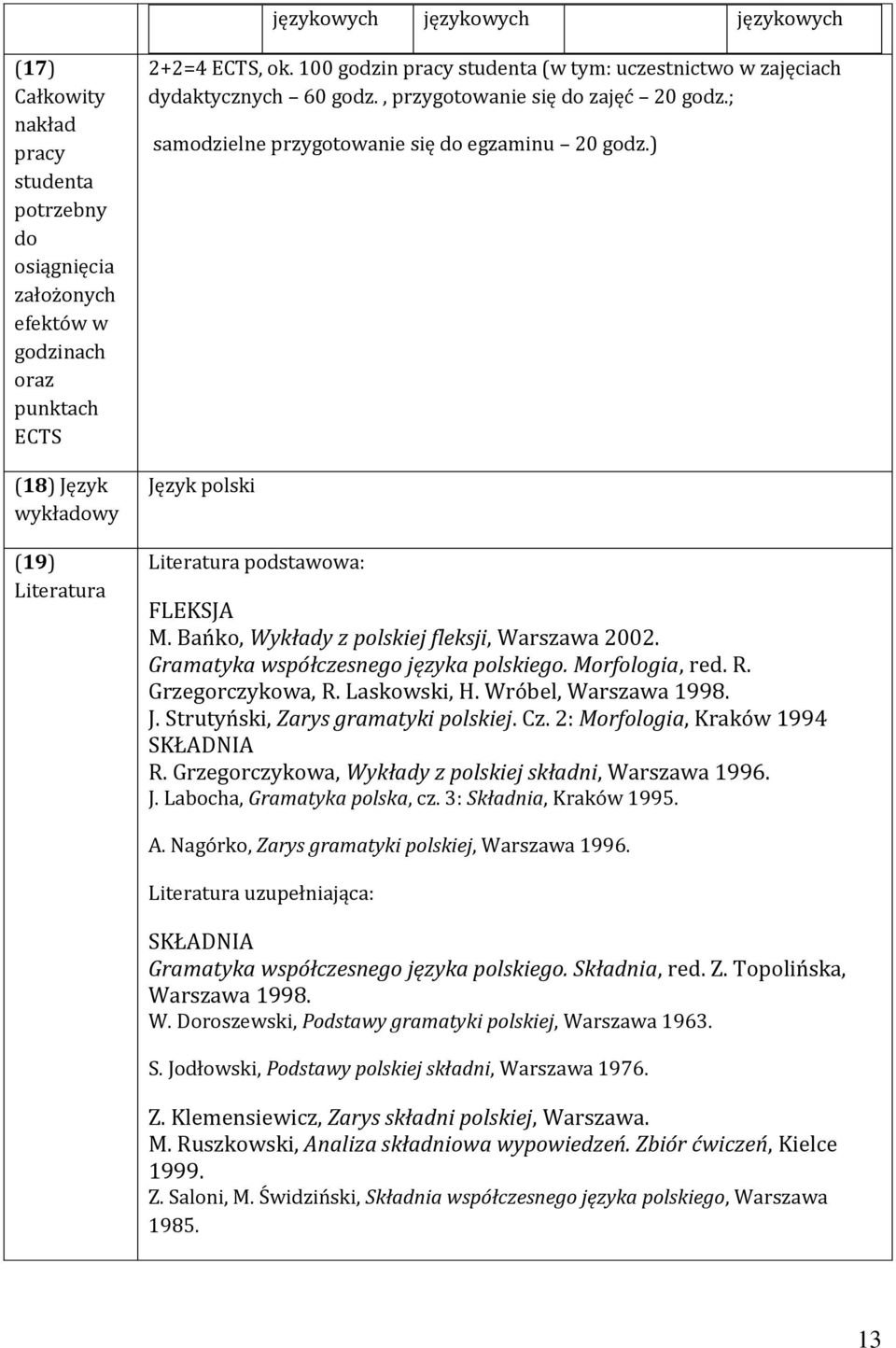 ) Język polski Literatura podstawowa: FLEKSJA M. Bańko, Wykłady z polskiej fleksji, Warszawa 2002. Gramatyka współczesnego języka polskiego. Morfologia, red. R. Grzegorczykowa, R. Laskowski, H.