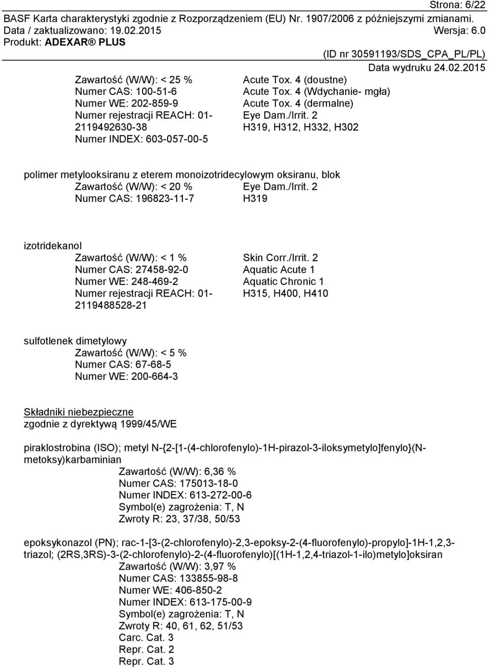 2 H319, H312, H332, H302 polimer metylooksiranu z eterem monoizotridecylowym oksiranu, blok Zawartość (W/W): < 20 % Eye Dam./Irrit.