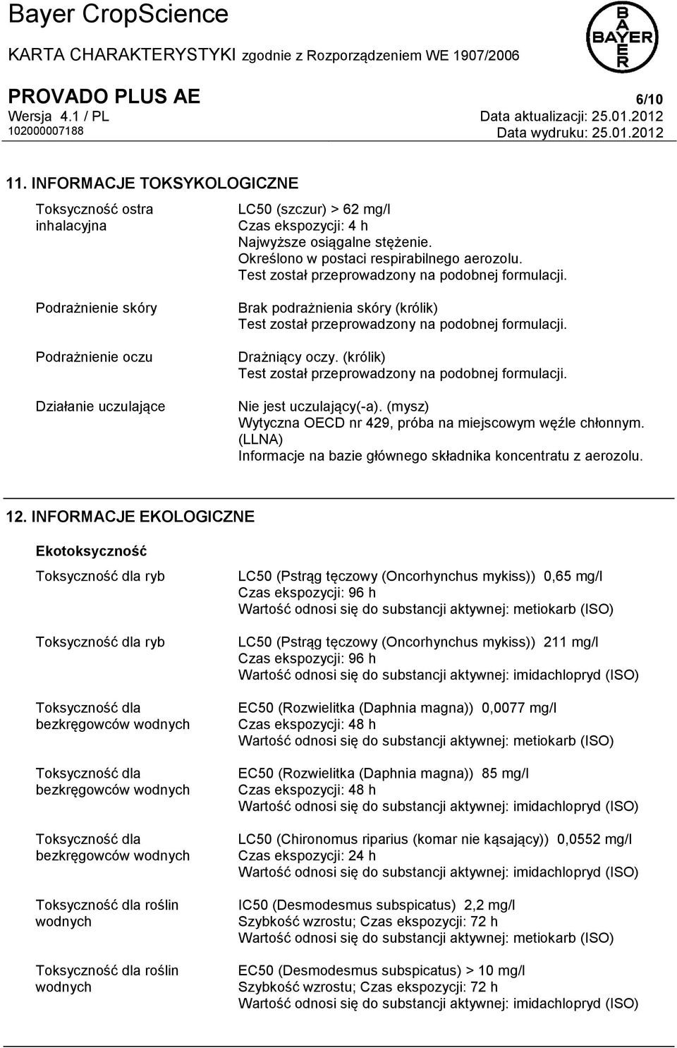 Podrażnienie skóry Podrażnienie oczu Działanie uczulające Brak podrażnienia skóry (królik) Test został przeprowadzony na podobnej formulacji. Drażniący oczy.