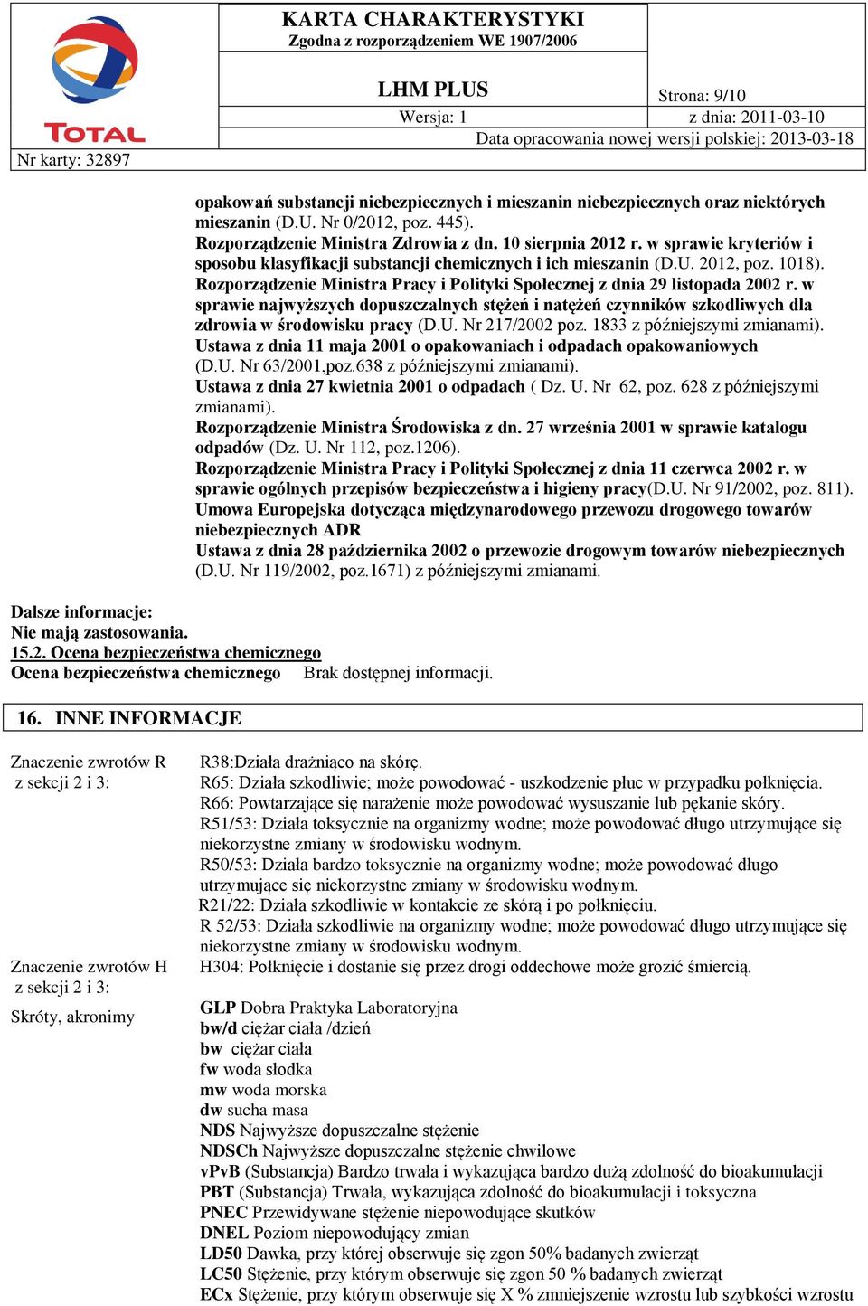 w sprawie najwyższych dopuszczalnych stężeń i natężeń czynników szkodliwych dla zdrowia w środowisku pracy (D.U. Nr 217/2002 poz. 1833 z późniejszymi zmianami).