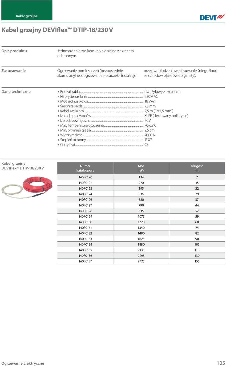 .. dwużyłowy z ekranem Napięcie zasilania... 230 V AC jednostkowa... 18 W/m Średnica kabla... 7,0 mm Kabel zasilający... 2,5 m (3 x 1,5 mm2) Izolacja przewodów.