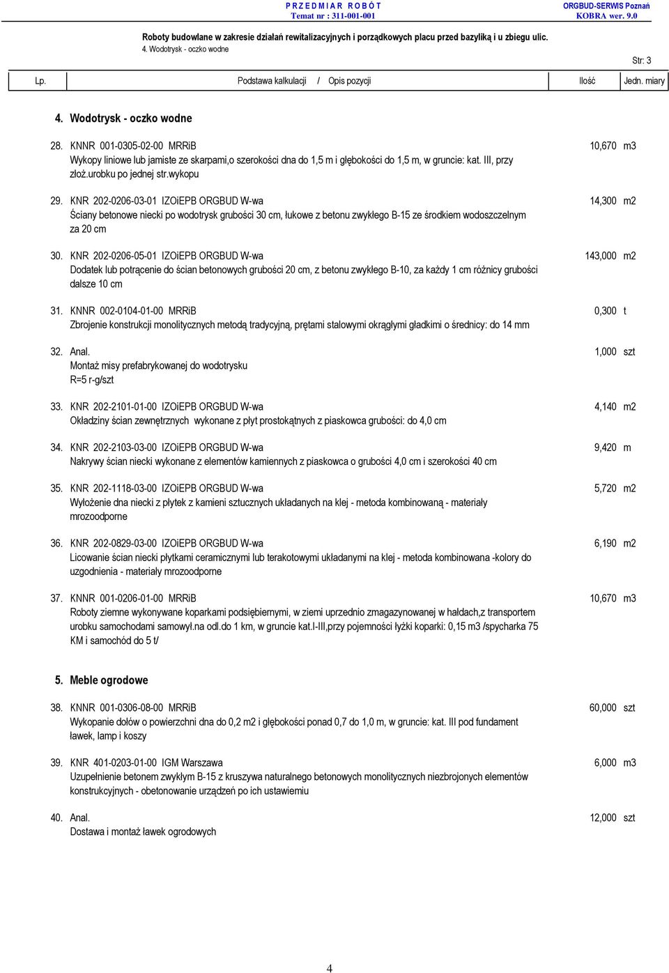 KNR 202-0206-05-01 IZOiEPB ORGBUD W-wa 143,000 m2 Dodatek lub potrącenie do ścian betonowych grubości 20 cm, z betonu zwykłego B-10, za kaŝdy 1 cm róŝnicy grubości dalsze 10 cm 31.