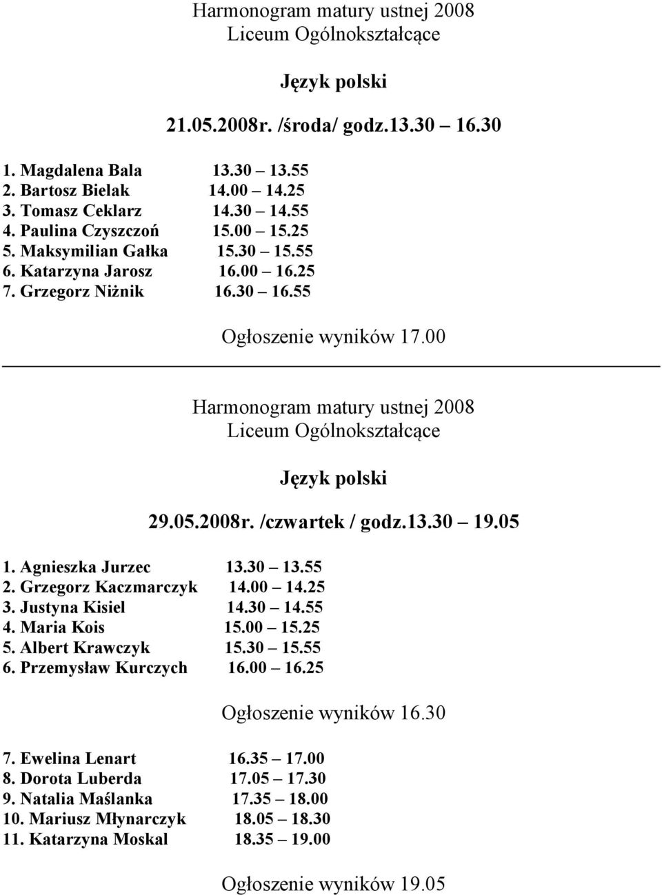 00 14.25 3. Justyna Kisiel 14.30 14.55 4. Maria Kois 15.00 15.25 5. Albert Krawczyk 15.30 15.55 6. Przemysław Kurczych 16.00 16.25 7. Ewelina Lenart 16.35 17.00 8.