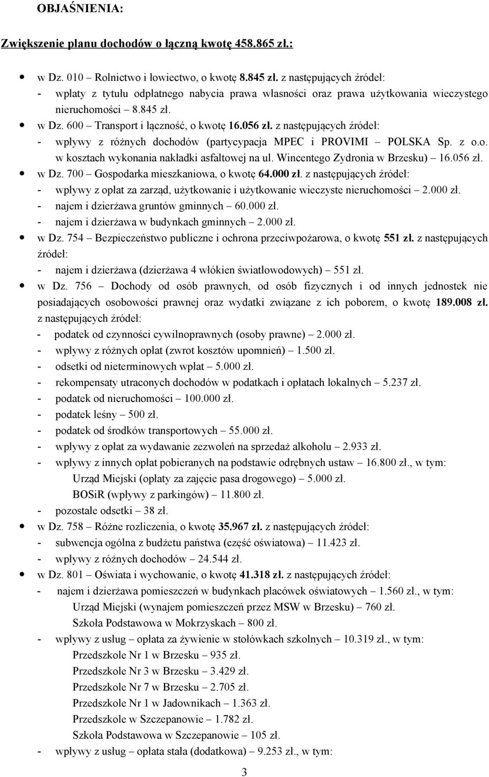 z następujących źródeł: - wpływy z różnych dochodów (partycypacja MPEC i PROVIMI POLSKA Sp. z o.o. w kosztach wykonania nakładki asfaltowej na ul. Wincentego Zydronia w Brzesku) 16.056 zł. w Dz.