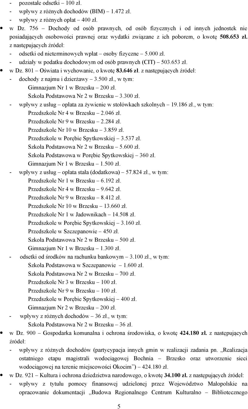 z następujących źródeł: - odsetki od nieterminowych wpłat osoby fizyczne 5.000 zł. - udziały w podatku dochodowym od osób prawnych (CIT) 503.653 zł. w Dz. 801 Oświata i wychowanie, o kwotę 83.646 zł.