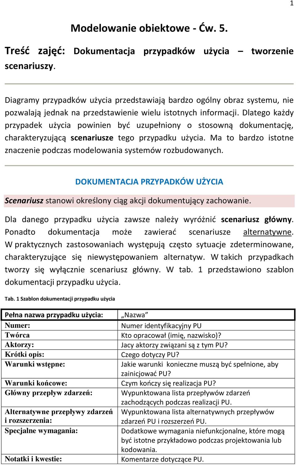 Dlatego każdy przypadek użycia powinien być uzupełniony o stosowną dokumentację, charakteryzującą scenariusze tego przypadku użycia.