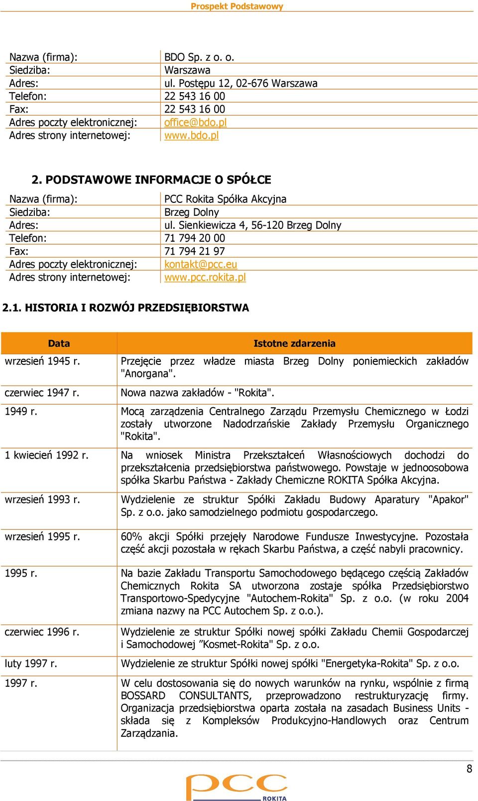 Sienkiewicza 4, 56-120 Brzeg Dolny Telefon: 71 794 20 00 Fax: 71 794 21 97 Adres poczty elektronicznej: kontakt@pcc.eu Adres strony internetowej: www.pcc.rokita.pl 2.1. HISTORIA I ROZWÓJ PRZEDSIĘBIORSTWA Data wrzesień 1945 r.