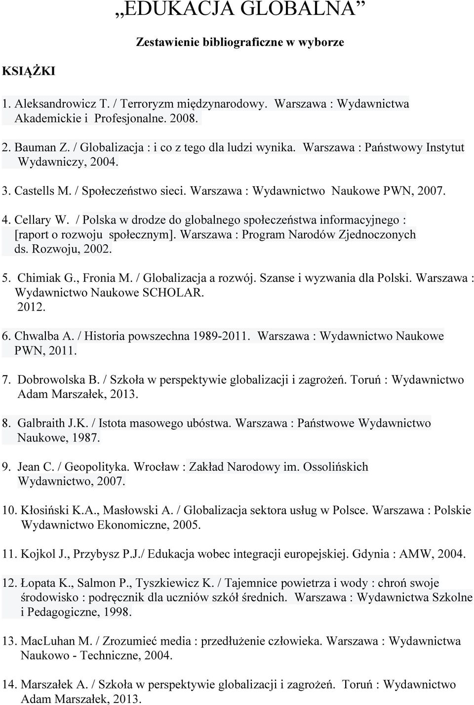 / Polska w drodze do globalnego społeczeństwa informacyjnego : [raport o rozwoju społecznym]. Warszawa : Program Narodów Zjednoczonych ds. Rozwoju, 2002. 5. Chimiak G., Fronia M.