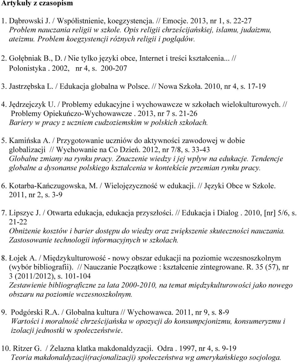 / Edukacja globalna w Polsce. // Nowa Szkoła. 2010, nr 4, s. 17-19 4. Jędrzejczyk U. / Problemy edukacyjne i wychowawcze w szkołach wielokulturowych. // Problemy Opiekuńczo-Wychowawcze. 2013, nr 7 s.