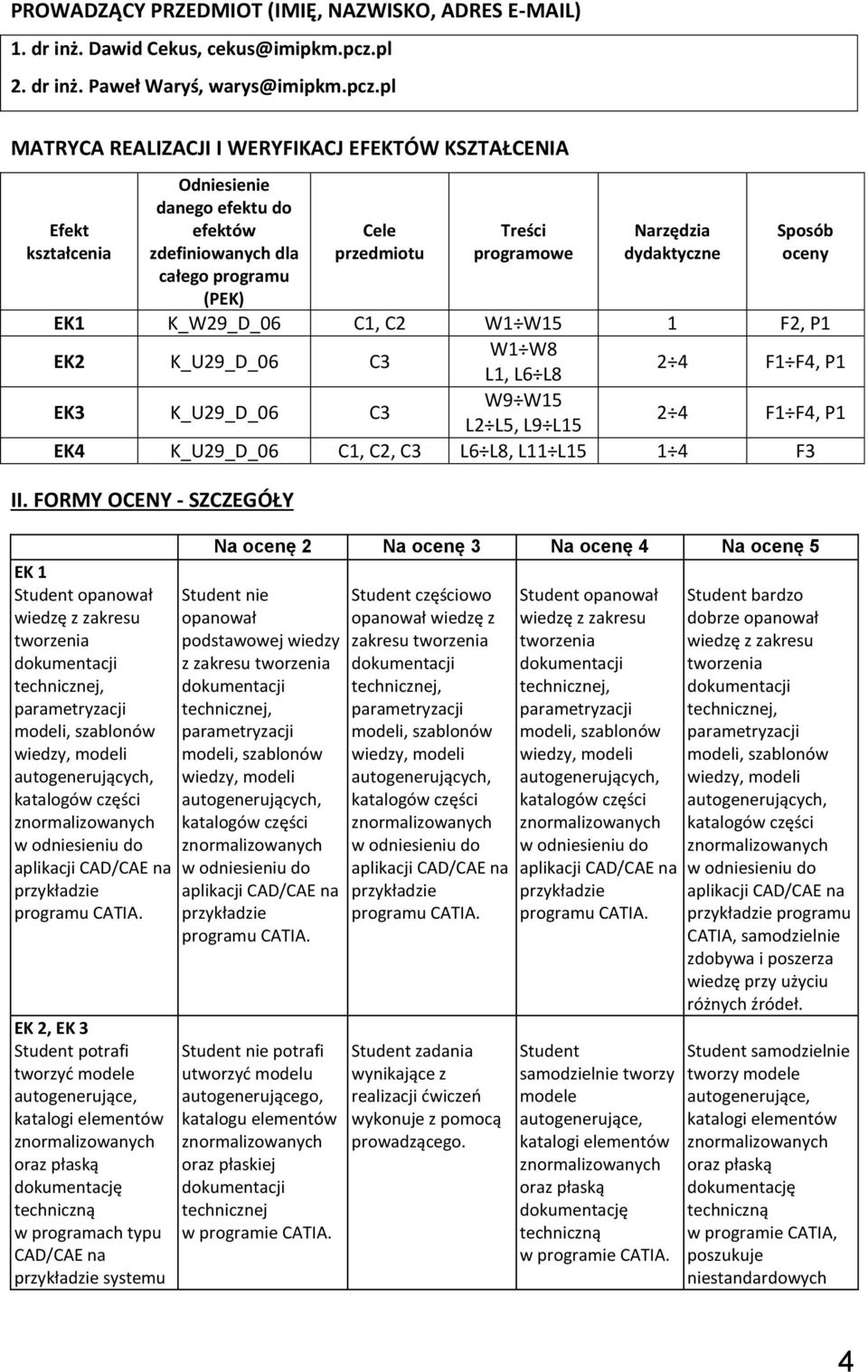 pl MATRYCA REALIZACJI I WERYFIKACJ EFEKTÓW KSZTAŁCENIA Efekt kształcenia Odniesienie danego efektu do efektów zdefiniowanych dla całego programu (PEK) Cele przedmiotu Treści programowe Narzędzia