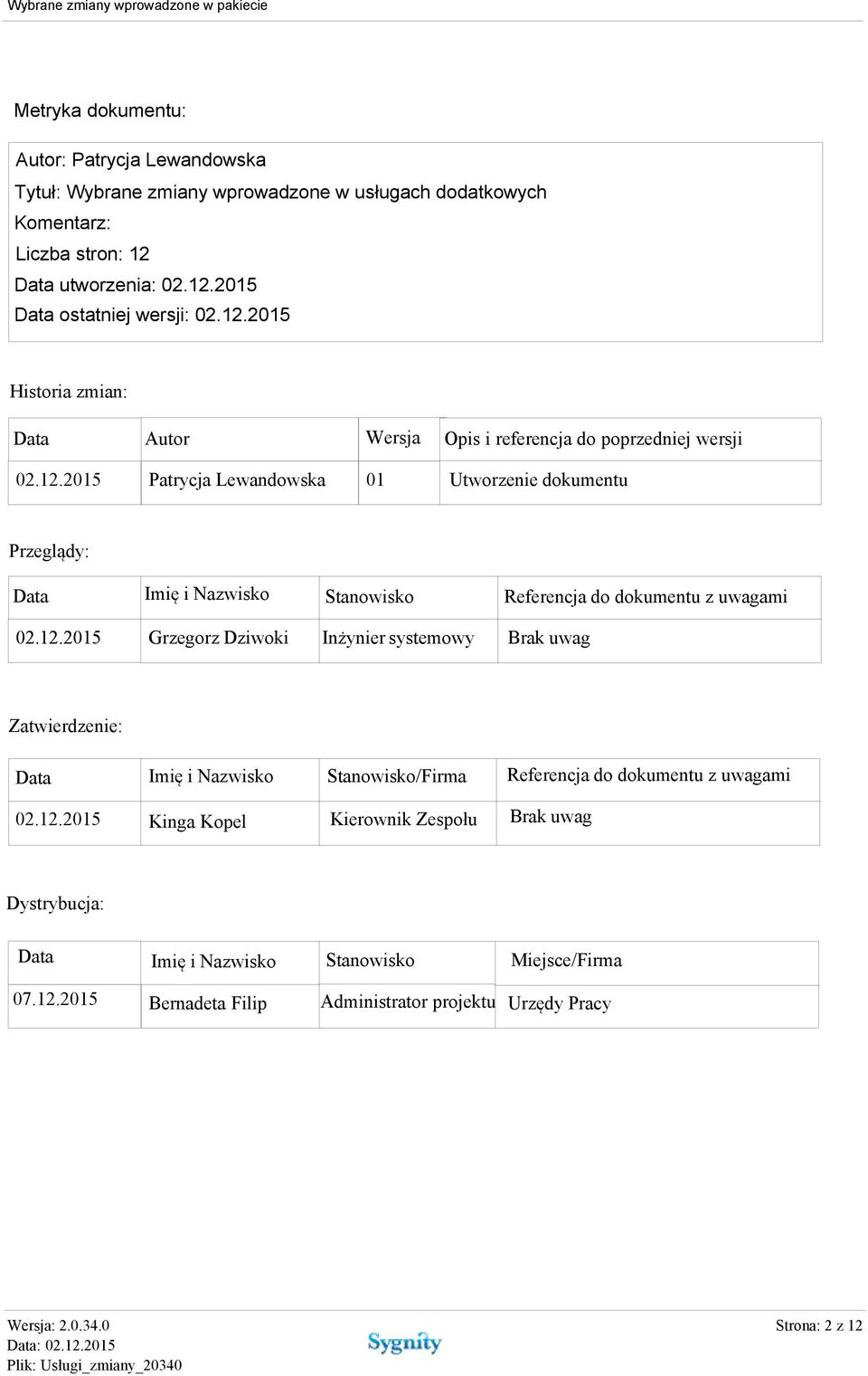 12.2015 Grzegorz Dziwoki Inżynier systemowy Brak uwag Data Imię i Nazwisko Stanowisko/Firma Referencja do dokumentu z uwagami 02.12.2015 Kinga Kopel Kierownik Zespołu Brak uwag Data Imię i Nazwisko Stanowisko Miejsce/Firma 07.