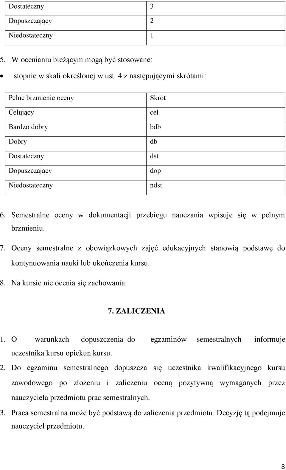 Semestralne oceny w dokumentacji przebiegu nauczania wpisuje się w pełnym brzmieniu. 7.