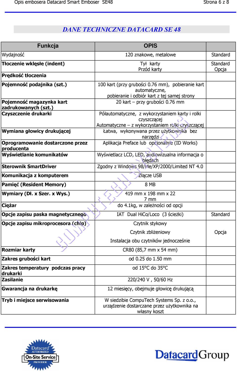 ) Czyszczenie drukarki Wymiana głowicy drukującej Oprogramowanie dostarczone przez producenta Wyświetlanie komunikatów Tył karty Przód karty 100 kart (przy grubości 0.