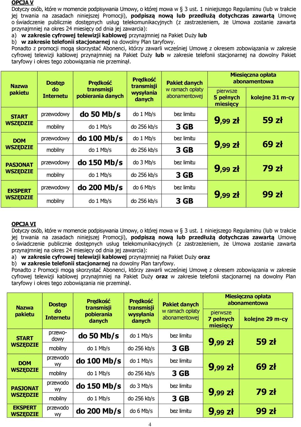 zastrzeżeniem, że Umowa zostanie zawarta a) w zakresie cyfrowej telewizji kablowej przynajmniej na Pakiet Duży lub b) w zakresie telefonii stacjonarnej na wolny Plan taryfo.