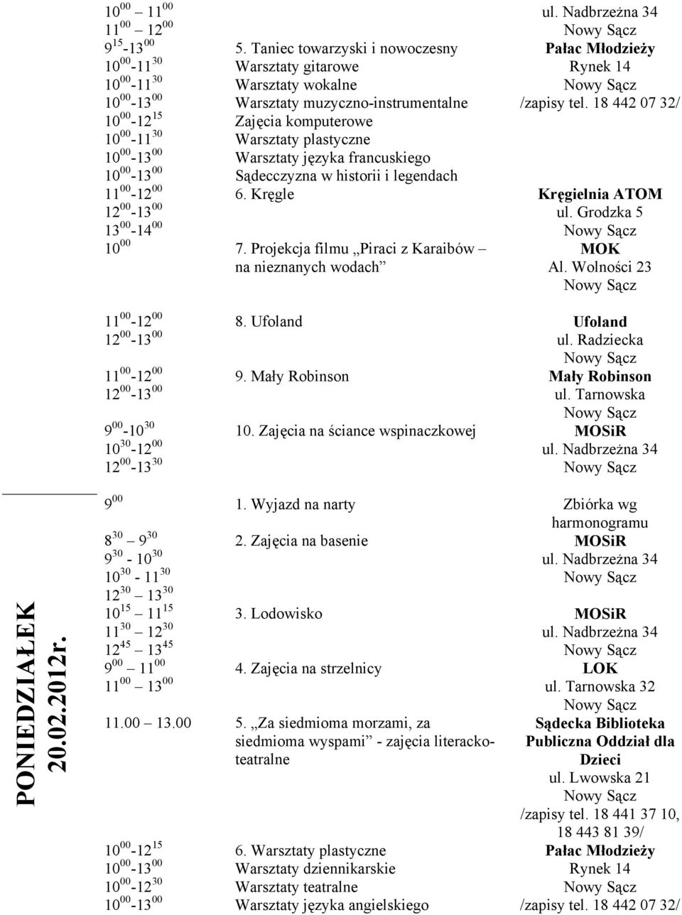 Tarnowska 9 00-10 30 10 30-12 00 12 00-13 30 10. Zajęcia na ściance wspinaczkowej MOSiR PONIEDZIAŁEK 20.02.2012r. 9 00 11 00 4. Zajęcia na strzelnicy LOK 11.00 13.00 5.