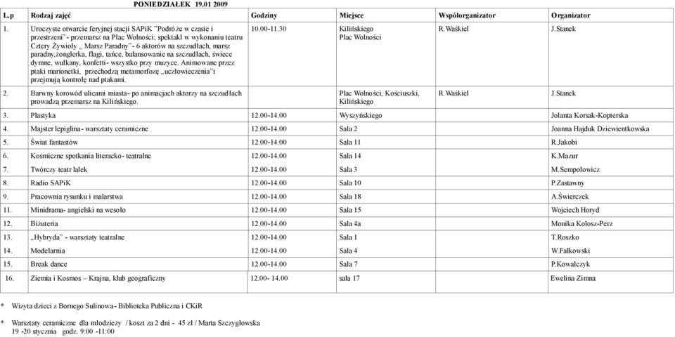 paradny,żonglerka, flagi, tańce, balansowanie na szczudłach, świece dymne, wulkany, konfetti- wszystko przy muzyce.