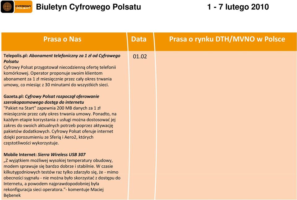 pl: Cyfrowy Polsat rozpoczął oferowanie szerokopasmowego dostęp do internetu "Pakiet na Start" zapewnia 200 MB danych za 1 zł miesięcznie przez cały okres trwania umowy.