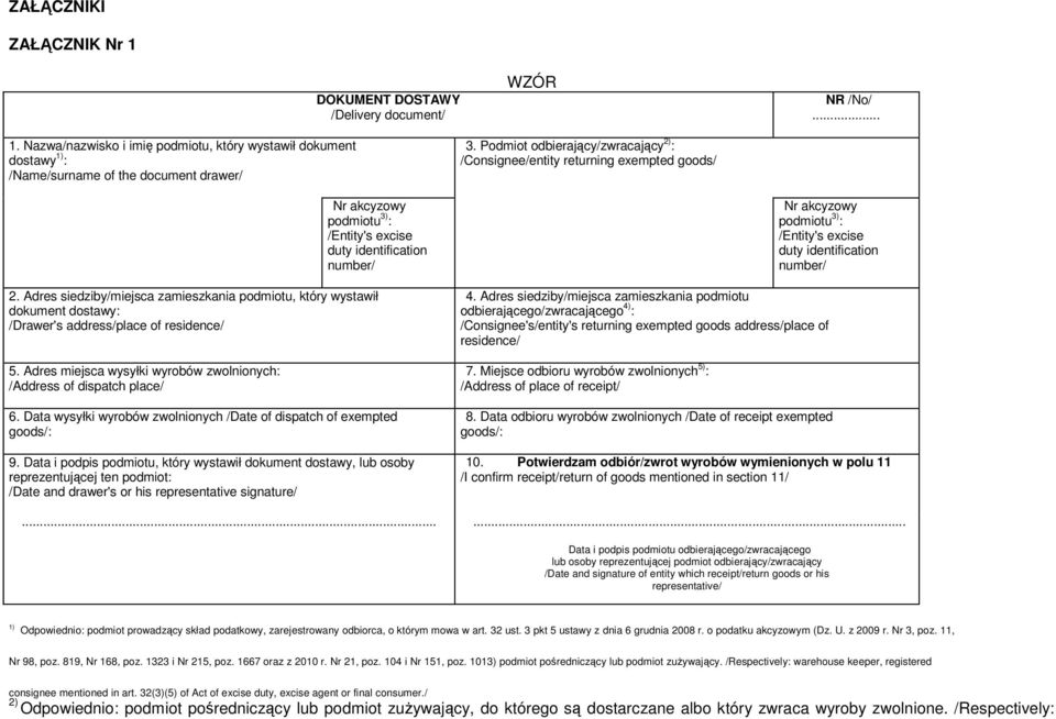Adres siedziby/miejsca zamieszkania podmiotu, który wystawił dokument dostawy: /Drawer's address/place of residence/ 5. Adres miejsca wysyłki wyrobów zwolnionych: /Address of dispatch place/ 6.