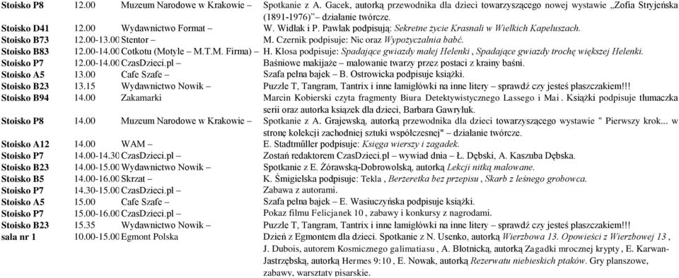 Stoisko B83 12.00-14.00 Cotkotu (Motyle M.T.M. Firma) H. Klosa podpisuje: Spadające gwiazdy małej Helenki, Spadające gwiazdy trochę większej Helenki. Stoisko P7 12.00-14.00 CzasDzieci.