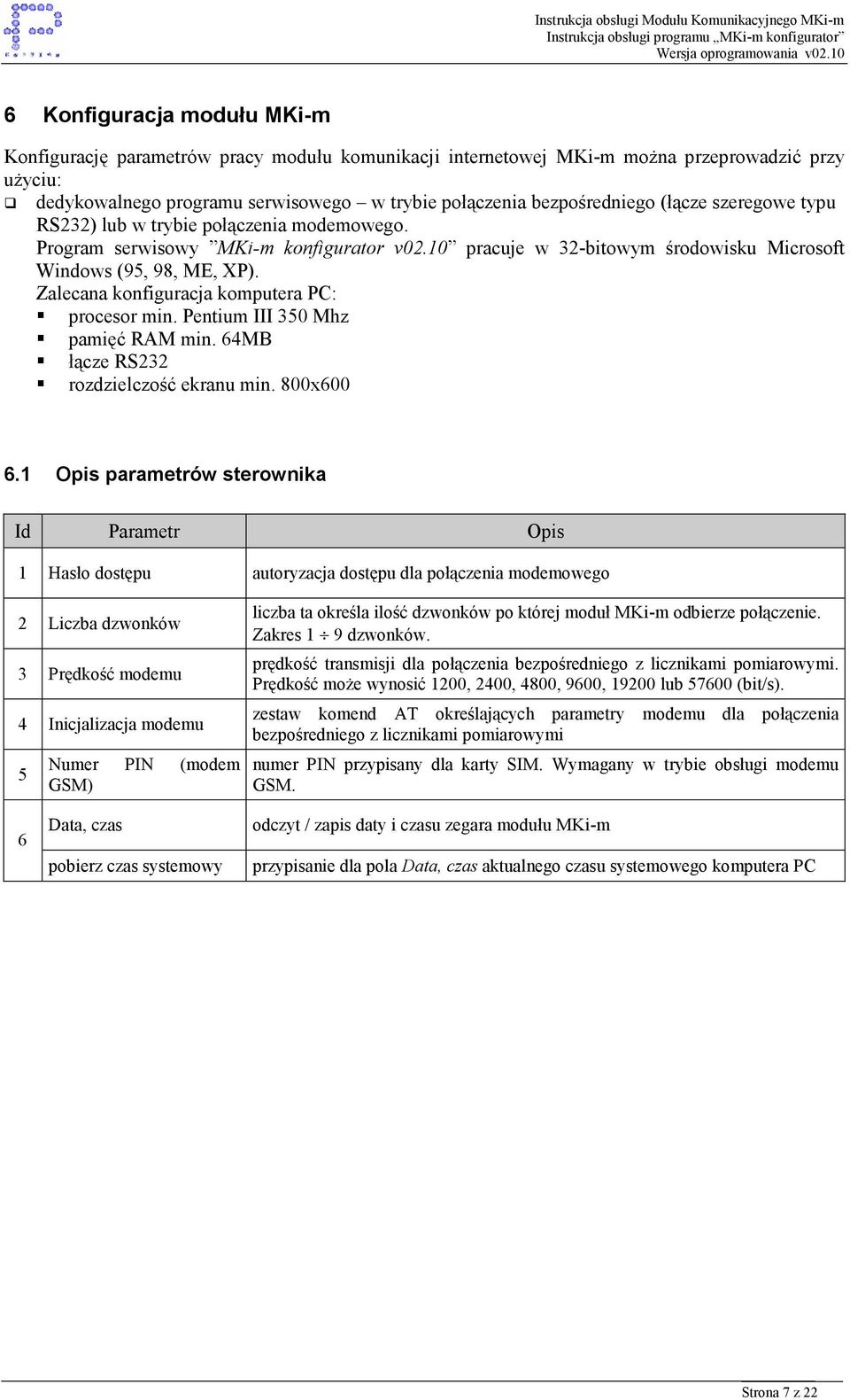 Zalecana konfiguracja komputera PC: procesor min. Pentium III 350 Mhz pamięć RAM min. 64MB łącze RS232 rozdzielczość ekranu min. 800x600 6.