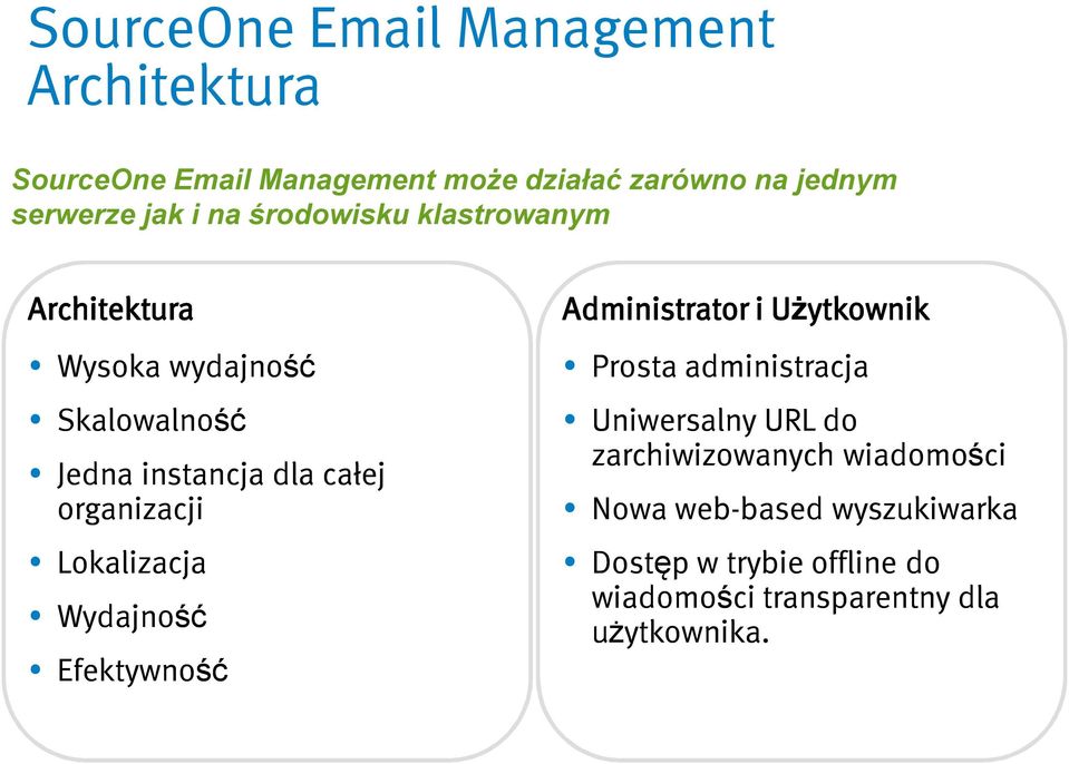 Lokalizacja Wydajność Efektywność Administrator i Użytkownik Prosta administracja Uniwersalny URL do