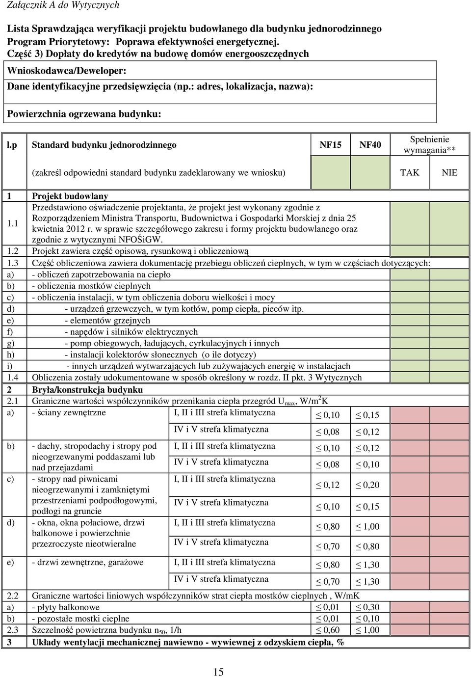 p Standard budynku jednorodzinnego NF15 NF40 Spełnienie wymagania** (zakreśl odpowiedni standard budynku zadeklarowany we wniosku) TAK NIE 1 Projekt budowlany Przedstawiono oświadczenie projektanta,