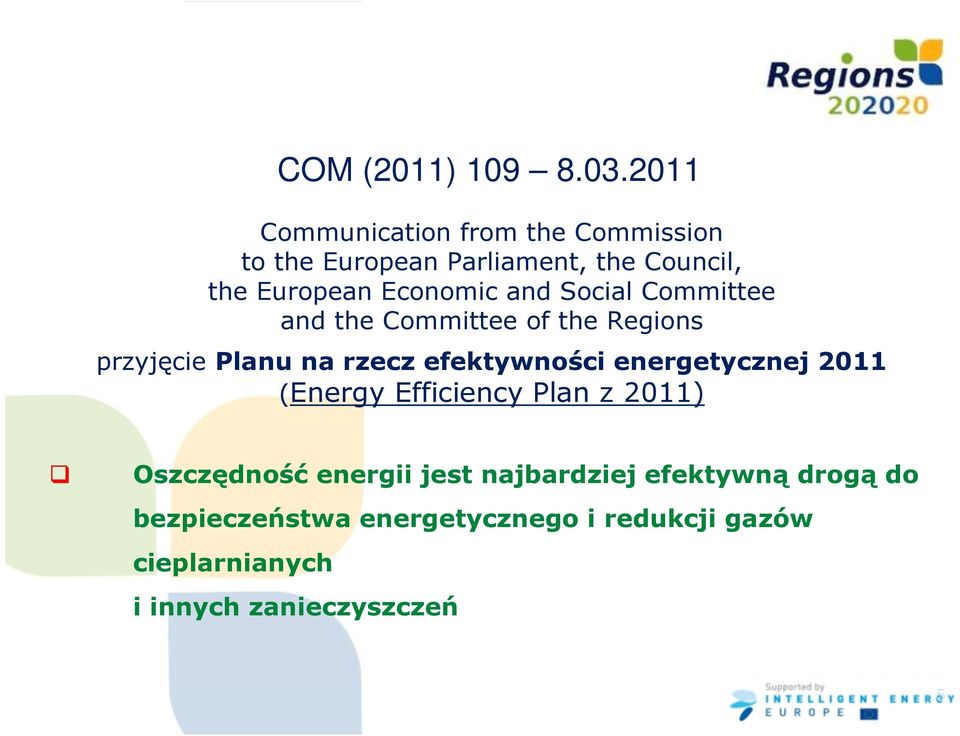 and Social Committee and the Committee of the Regions przyjęcie Planu na rzecz efektywności