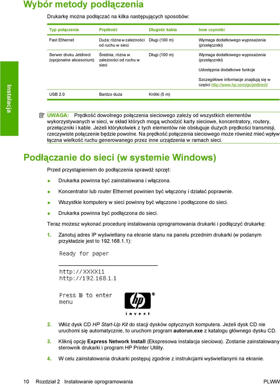 (przełączniki) Udostępnia dodatkowe funkcje Instalacja USB 2.0 Bardzo duża Krótki (5 m) Szczegółowe informacje znajdują się w części http://www.hp.