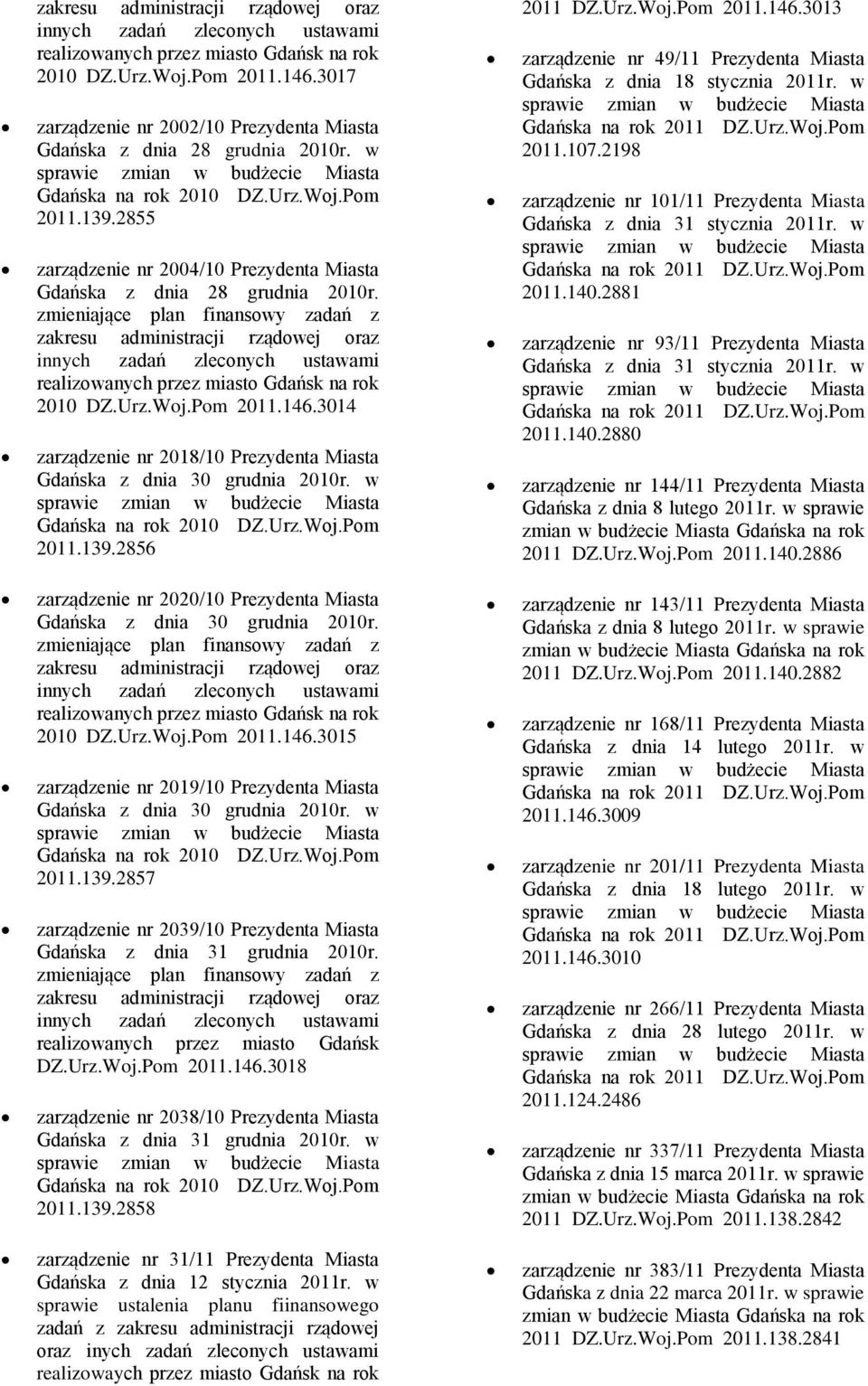 2855 zarządzenie nr 2004/10 Prezydenta Miasta Gdańska z dnia 28 grudnia 2010r. zmieniające plan finansowy zadań z 3014 zarządzenie nr 2018/10 Prezydenta Miasta Gdańska z dnia 30 grudnia 2010r.