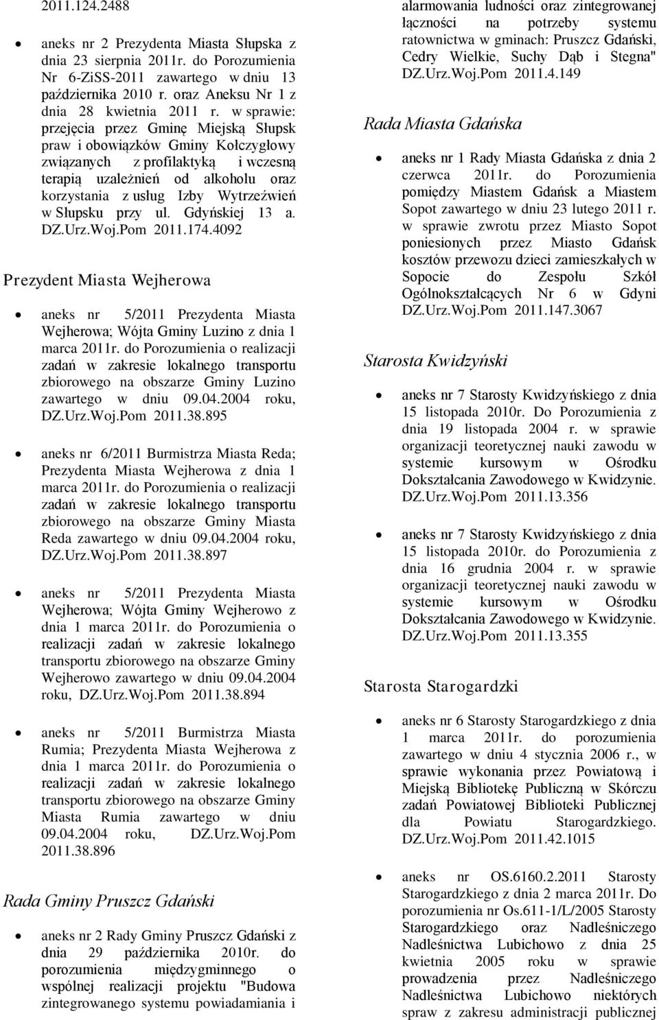 Słupsku przy ul. Gdyńskiej 13 a. 2011.174.4092 Prezydent Miasta Wejherowa aneks nr 5/2011 Prezydenta Miasta Wejherowa; Wójta Gminy Luzino z dnia 1 marca 2011r.