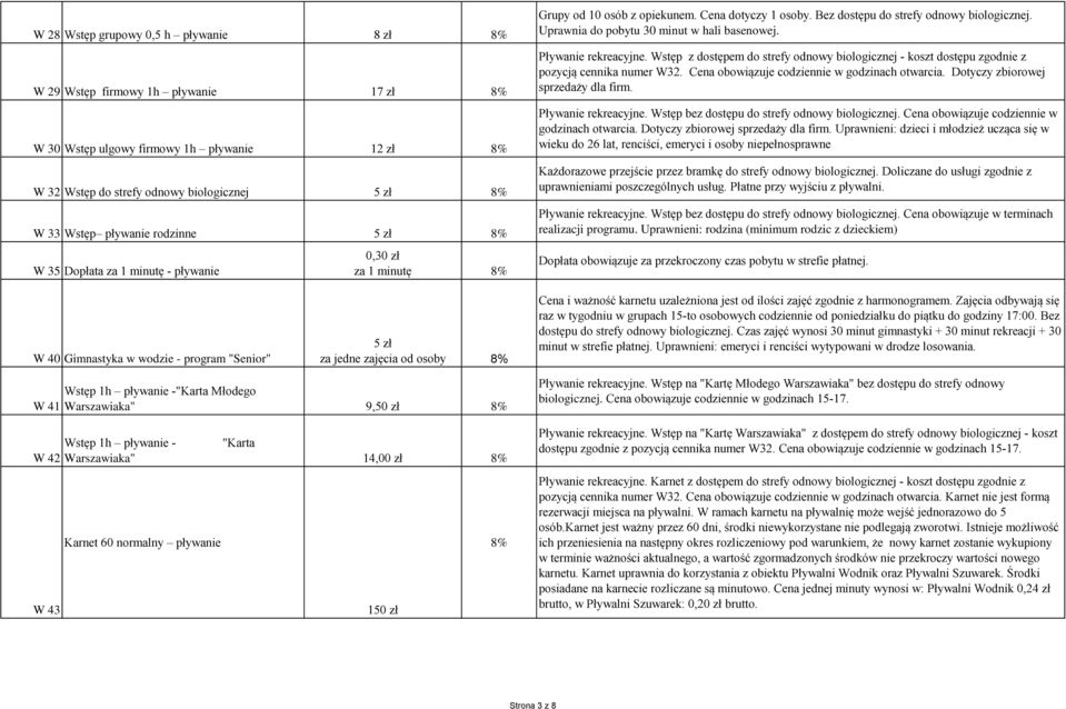 Pływanie rekreacyjne. Wstęp z dostępem do strefy odnowy biologicznej - koszt dostępu zgodnie z pozycją cennika numer W32. Cena obowiązuje codziennie w godzinach otwarcia.