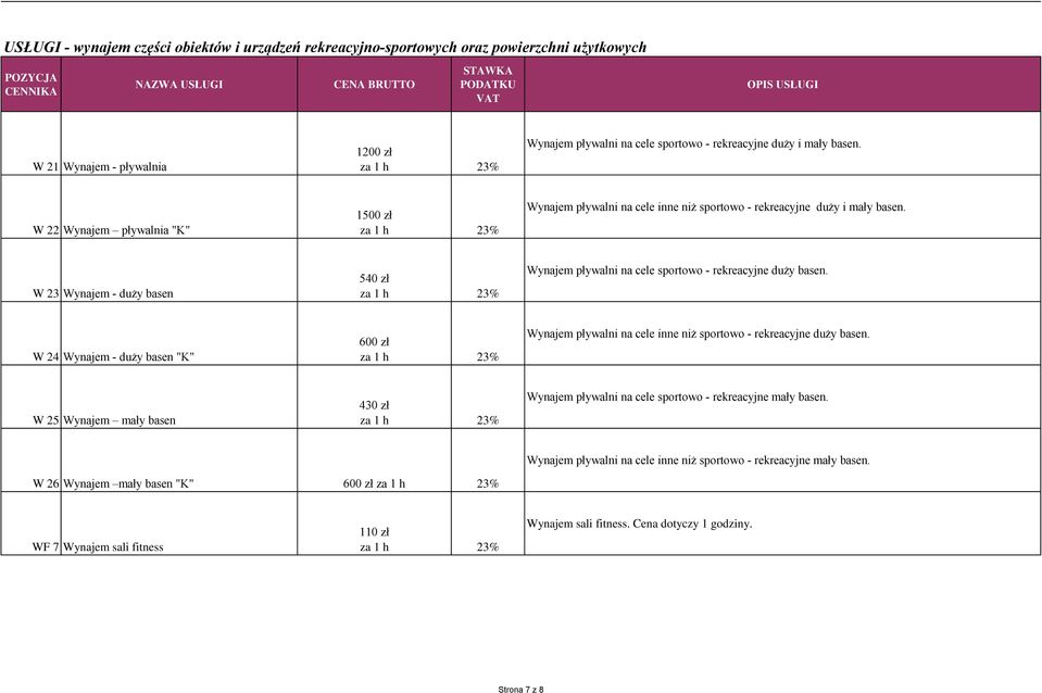 W 23 Wynajem - duży basen 540 zł Wynajem pływalni na cele sportowo - rekreacyjne duży basen. W 24 Wynajem - duży basen "K" 600 zł Wynajem pływalni na cele inne niż sportowo - rekreacyjne duży basen.