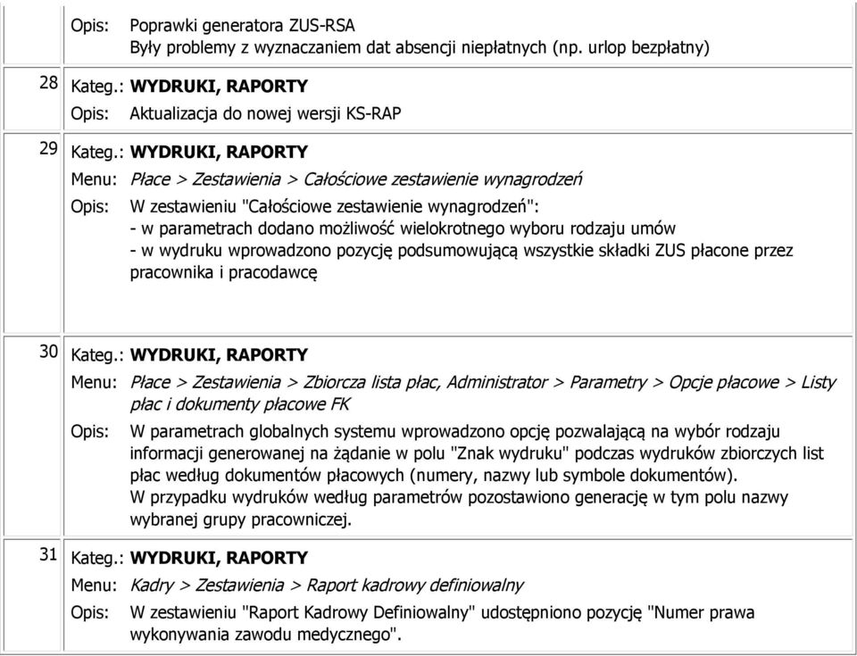 rodzaju umów - w wydruku wprowadzono pozycję podsumowującą wszystkie składki ZUS płacone przez pracownika i pracodawcę 30 Kateg.