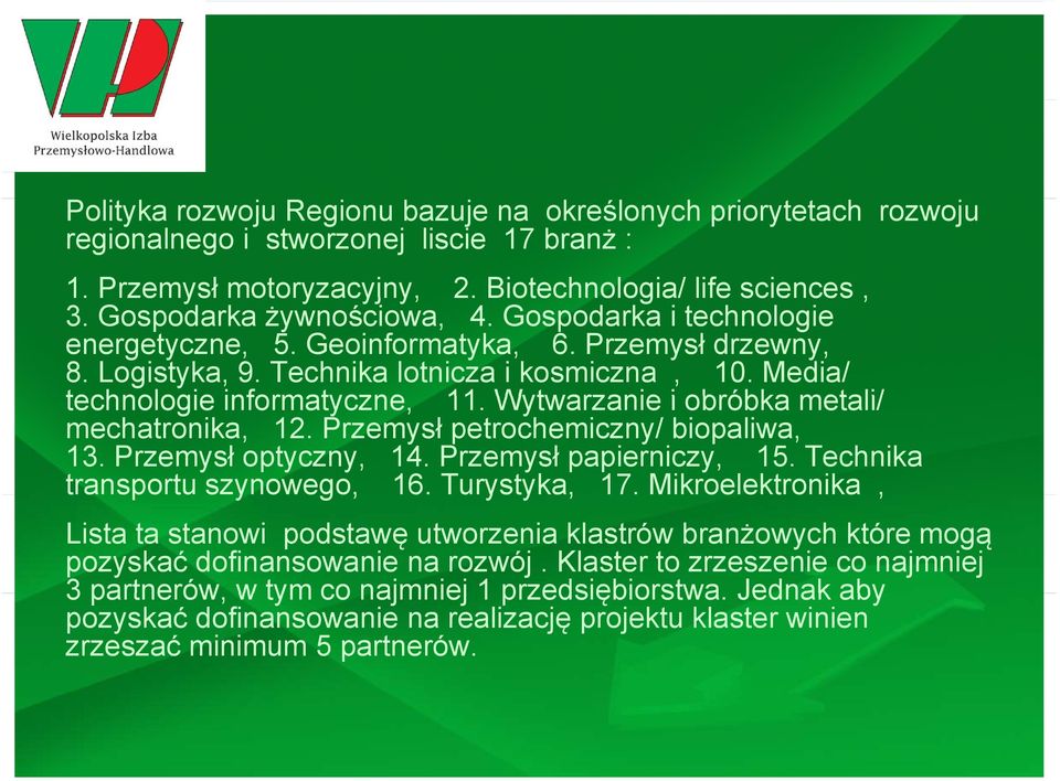 Wytwarzanie i obróbka metali/ mechatronika, 12. Przemysł petrochemiczny/ biopaliwa, 13. Przemysł optyczny, 14. Przemysł papierniczy, 15. Technika transportu tu szynowego, 16. Turystyka, 17.