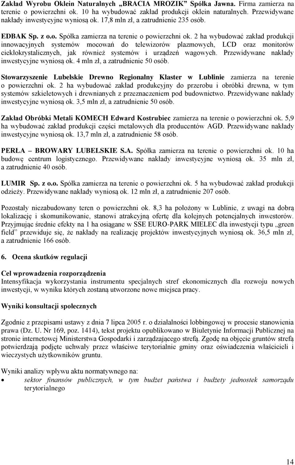 2 ha wybudować zakład produkcji innowacyjnych systemów mocowań do telewizorów plazmowych, LCD oraz monitorów ciekłokrystalicznych, jak również systemów i urządzeń wagowych.