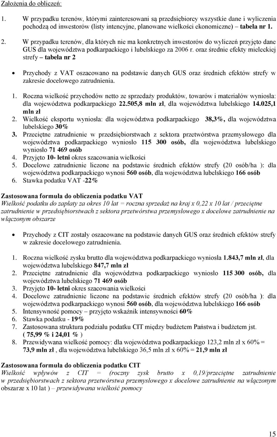 W przypadku terenów, dla których nie ma konkretnych inwestorów do wyliczeń przyjęto dane GUS dla województwa podkarpackiego i lubelskiego za 2006 r.