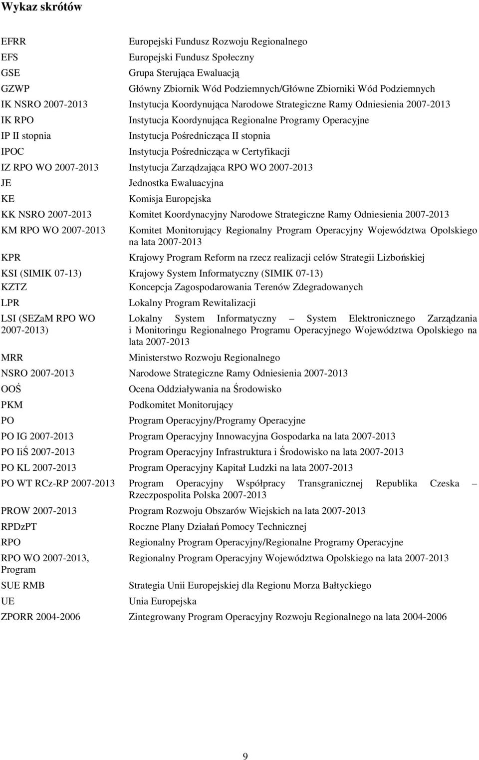 Instytucja Pośrednicząca w Certyfikacji IZ RPO WO 2007-2013 Instytucja Zarządzająca RPO WO 2007-2013 JE KE Jednostka Ewaluacyjna Komisja Europejska KK NSRO 2007-2013 Komitet Koordynacyjny Narodowe