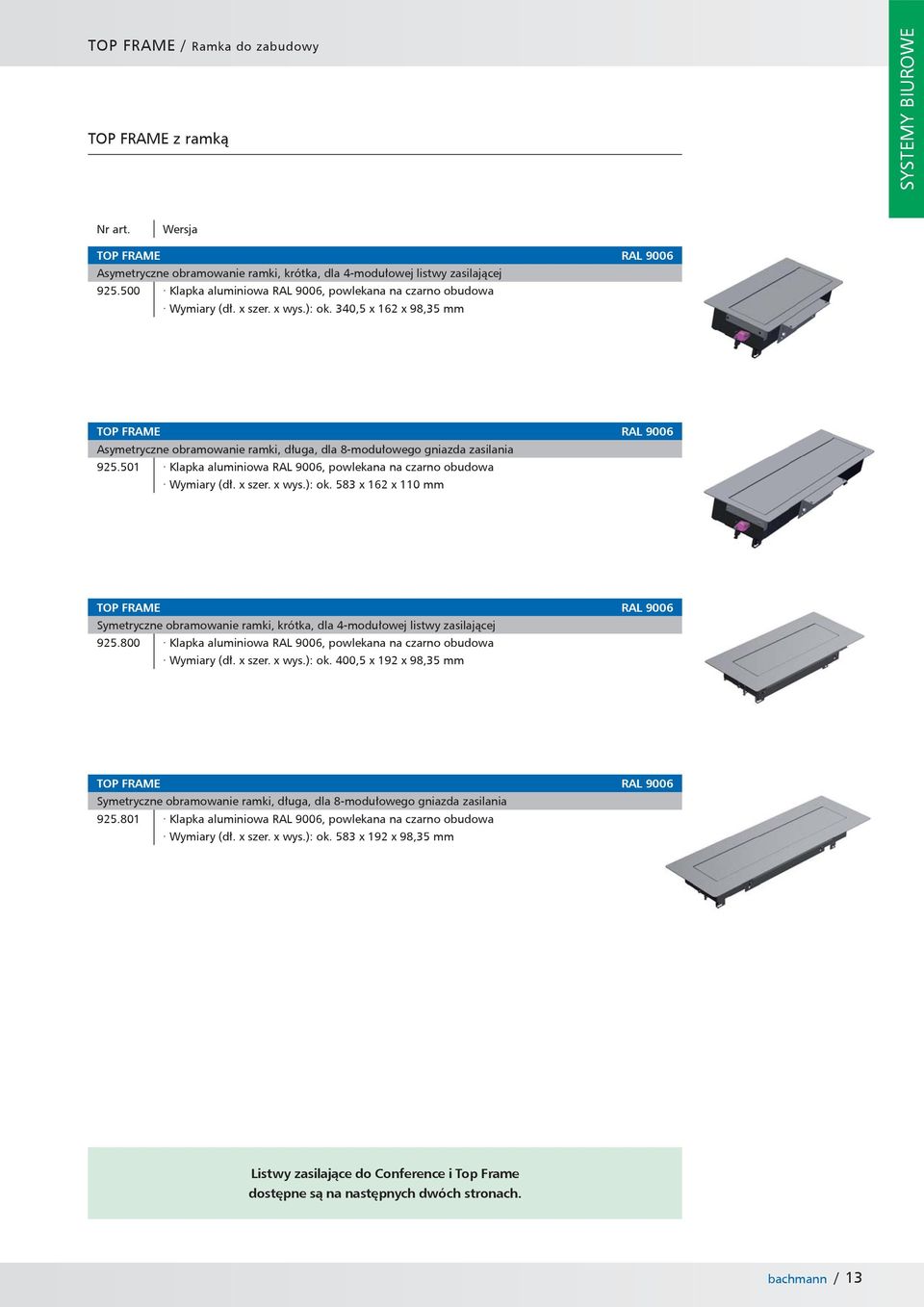 340,5 x 162 x 98,35 mm TOP FRAME RAL 9006 Asymetryczne obramowanie ramki, długa, dla 8-modułowego gniazda zasilania 925.501 Klapka aluminiowa RAL 9006, powlekana na czarno obudowa Wymiary (dł. x szer.