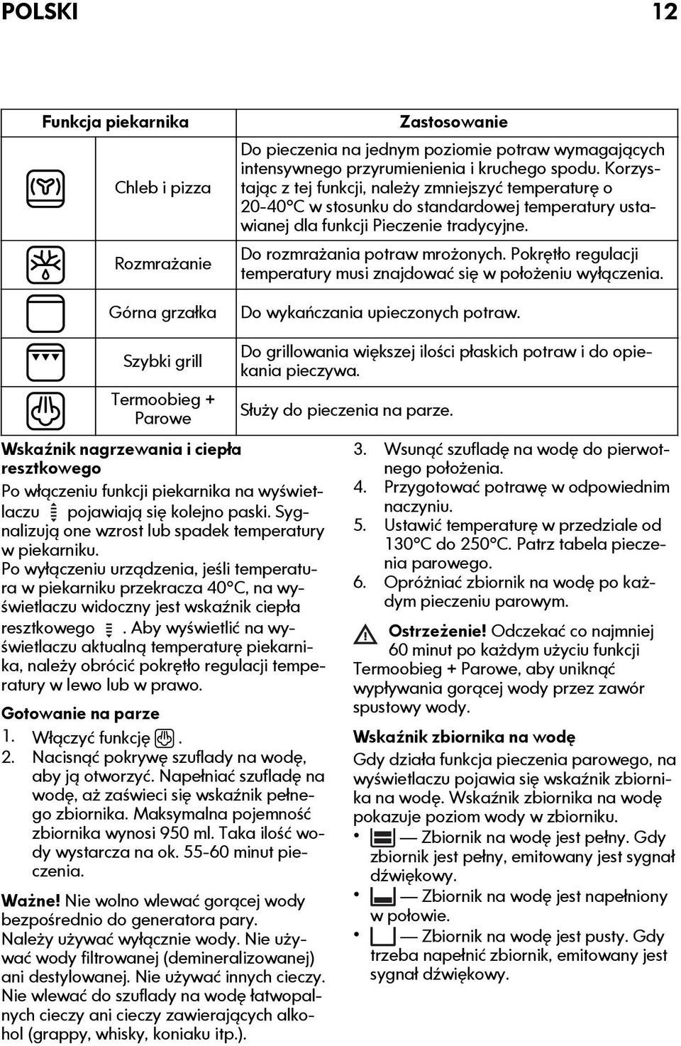 Pokrętło regulacji temperatury musi znajdować się w położeniu wyłączenia. Do wykańczania upieczonych potraw.