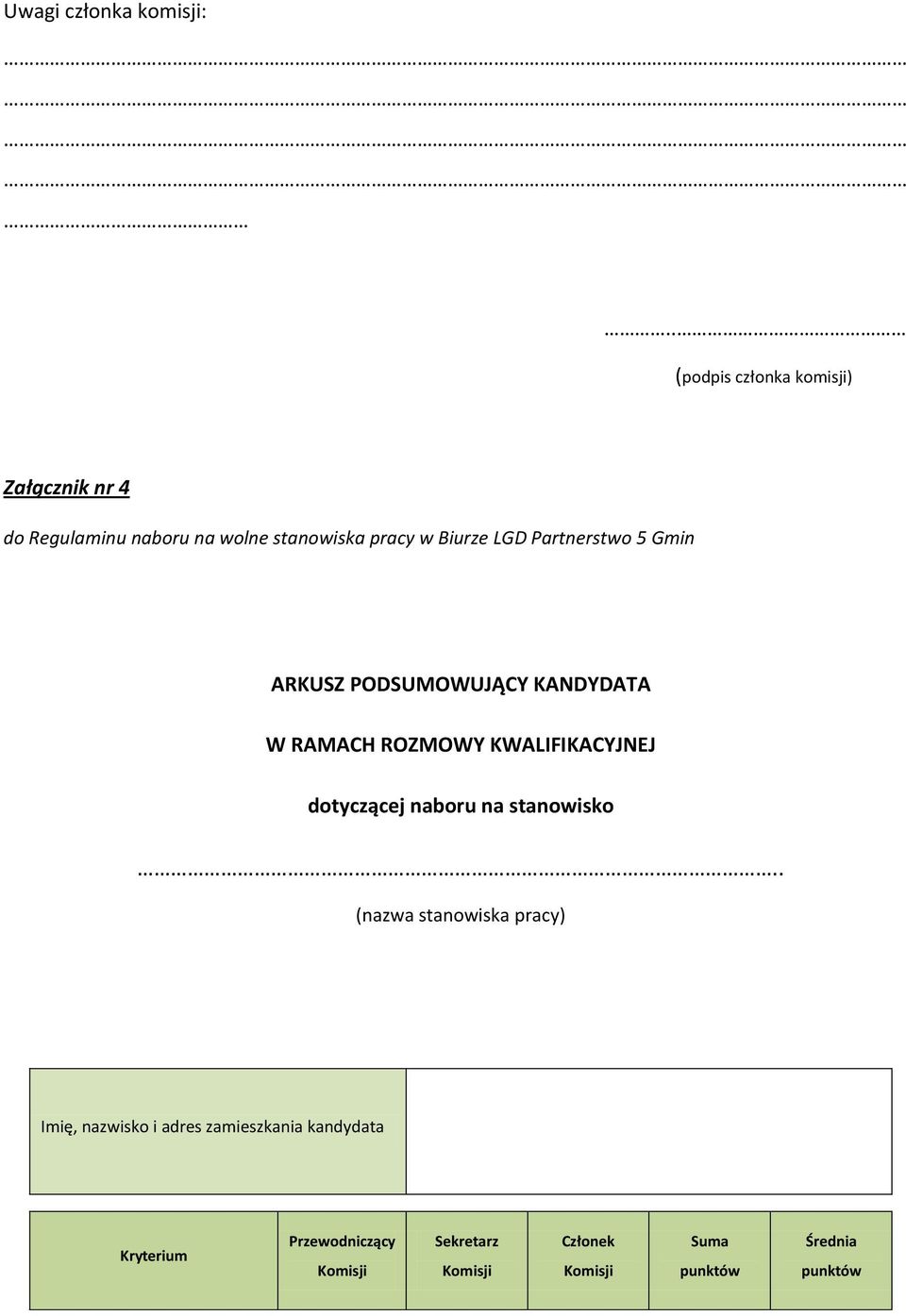 Partnerstwo 5 Gmin ARKUSZ PODSUMOWUJĄCY KANDYDATA W RAMACH ROZMOWY KWALIFIKACYJNEJ dotyczącej naboru