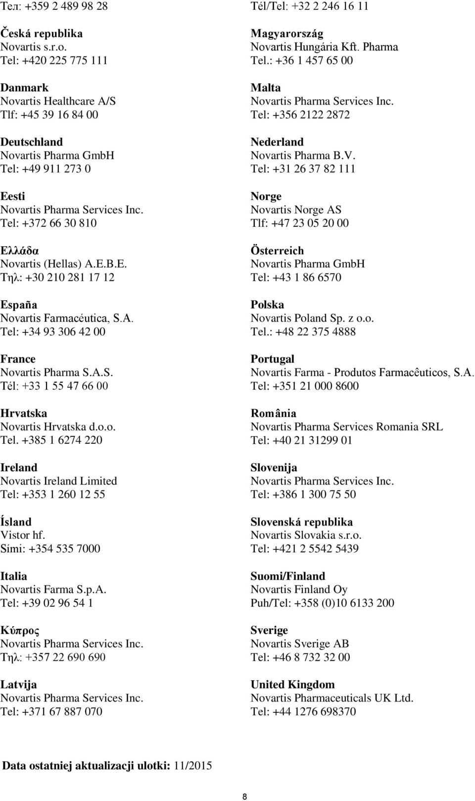 A. Tel: +34 93 306 42 00 France Novartis Pharma S.A.S. Tél: +33 1 55 47 66 00 Hrvatska Novartis Hrvatska d.o.o. Tel. +385 1 6274 220 Ireland Novartis Ireland Limited Tel: +353 1 260 12 55 Ísland Vistor hf.