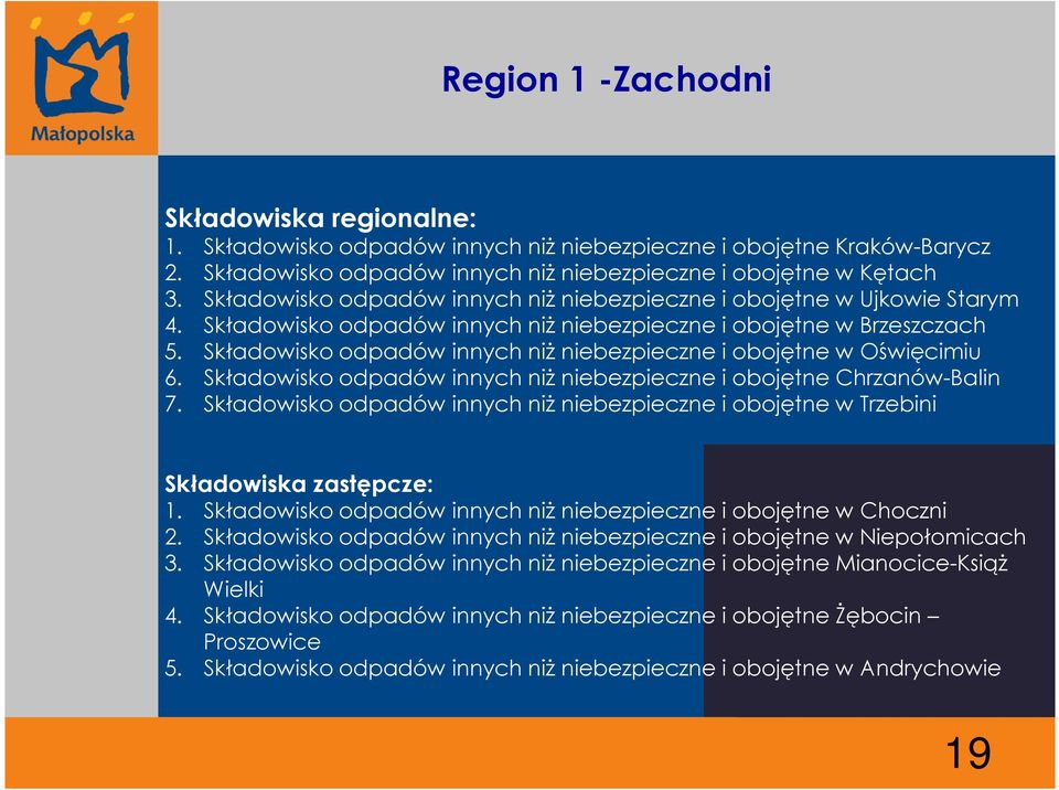 Składowisko odpadów innych niż niebezpieczne i obojętne w Oświęcimiu 6. Składowisko odpadów innych niż niebezpieczne i obojętne Chrzanów-Balin 7.