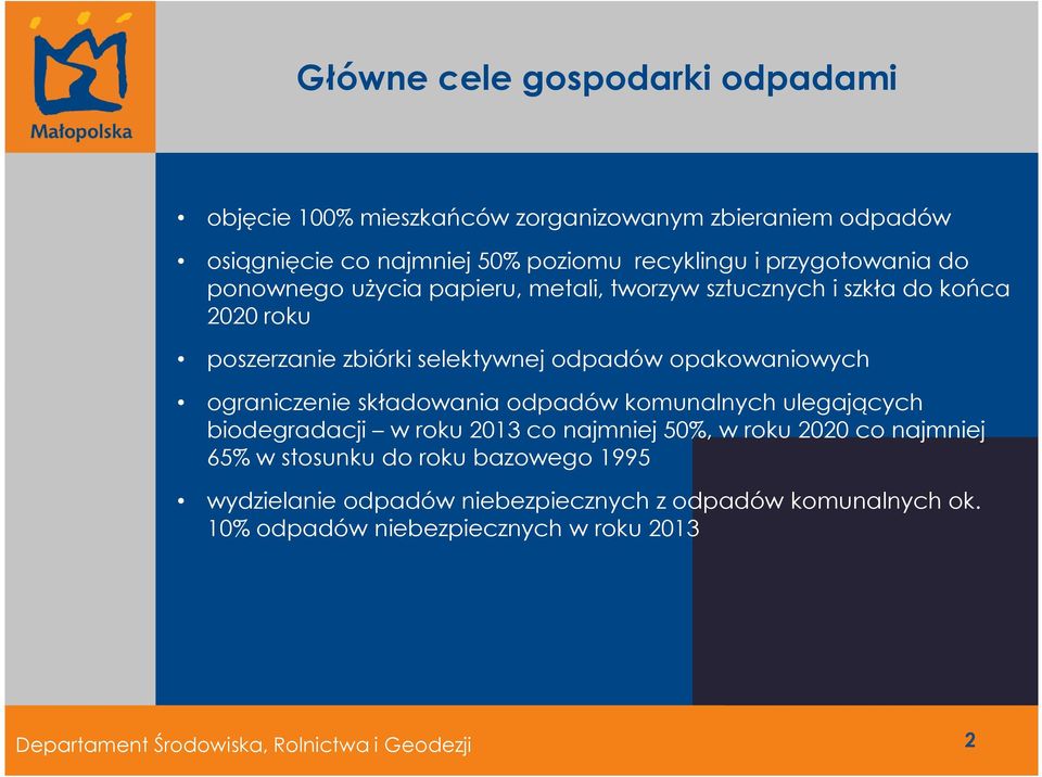 opakowaniowych ograniczenie składowania odpadów komunalnych ulegających biodegradacji w roku 2013 co najmniej 50%, w roku 2020 co najmniej 65% w