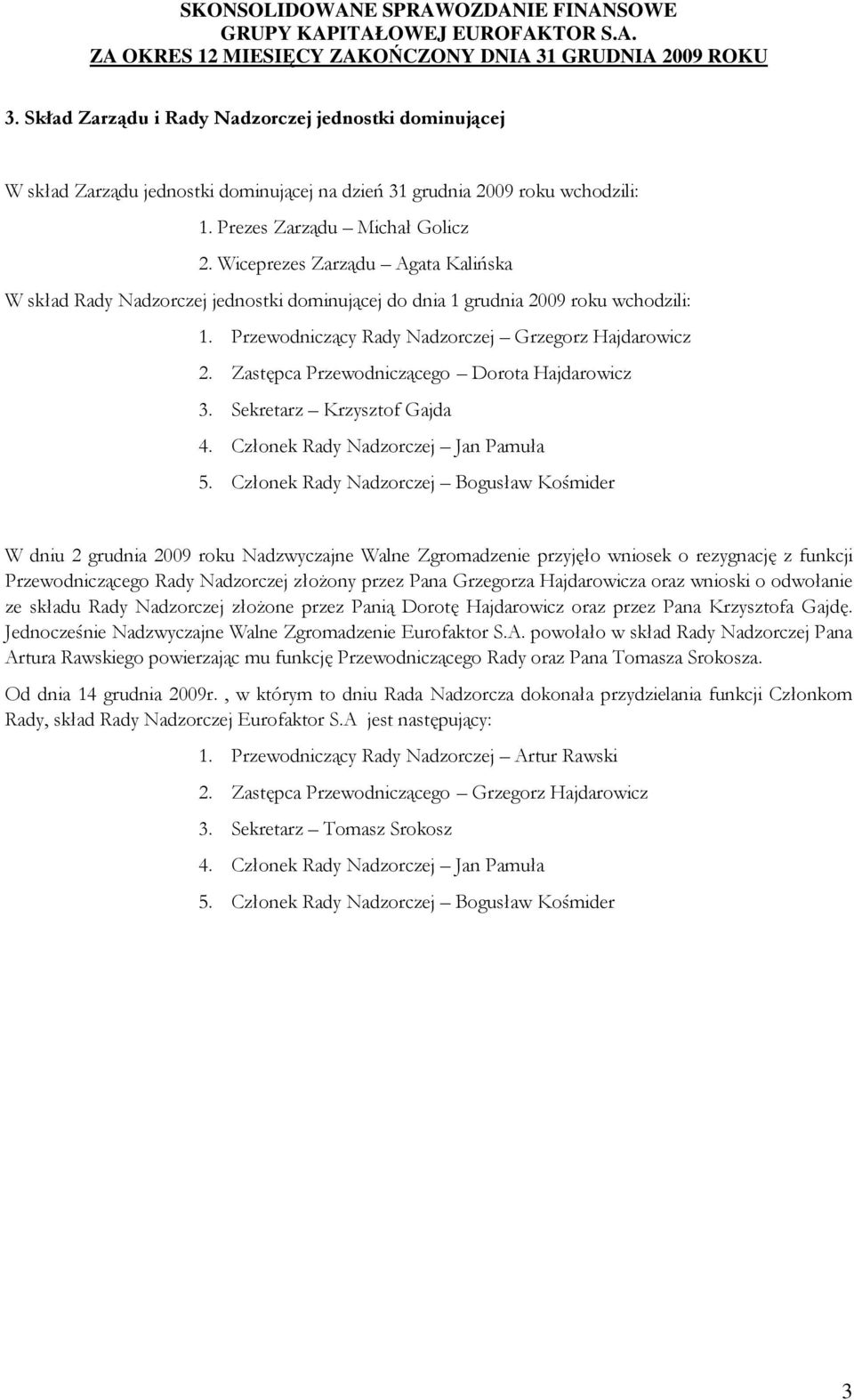 Zastępca Przewodniczącego Dorota Hajdarowicz 3. Sekretarz Krzysztof Gajda 4. Członek Rady Nadzorczej Jan Pamuła 5.