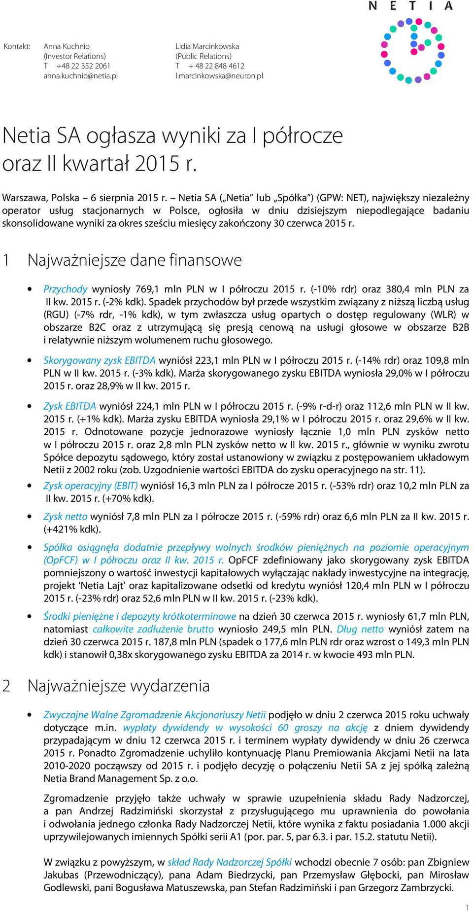 Netia SA ( Netia lub Spółka ) (GPW: NET), największy niezależny operator usług stacjonarnych w Polsce, ogłosiła w dniu dzisiejszym niepodlegające badaniu skonsolidowane wyniki za okres sześciu