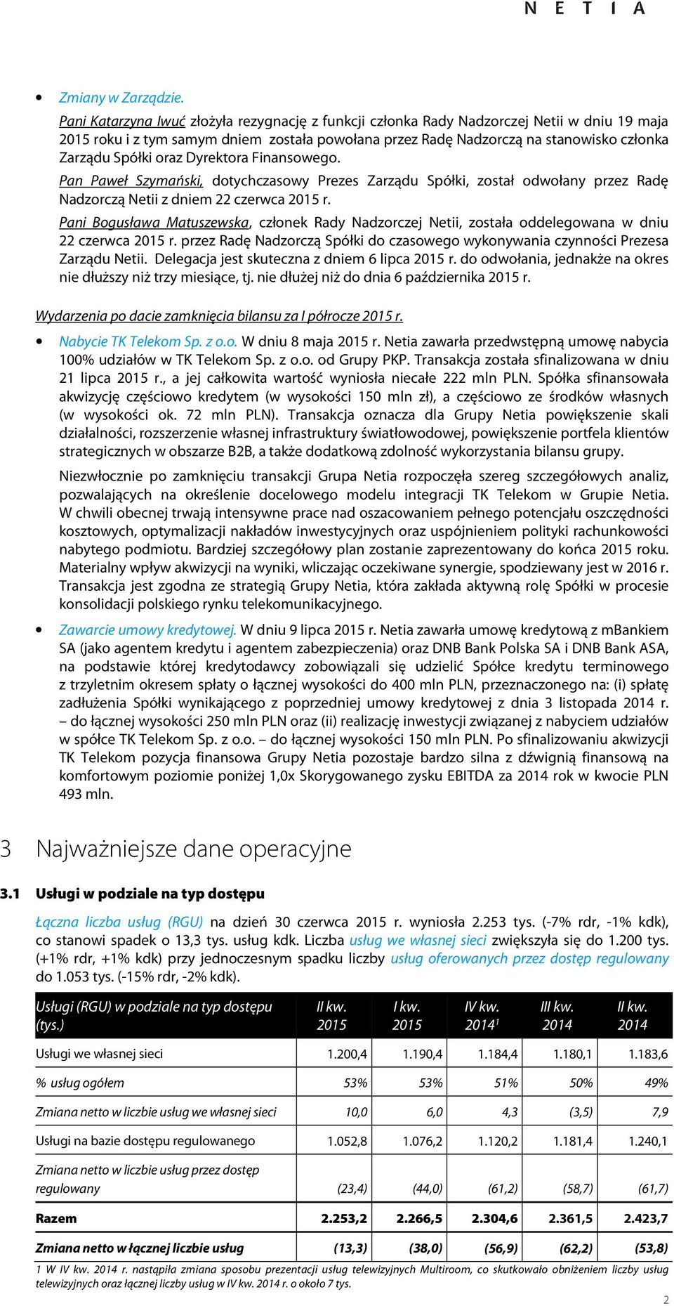 Dyrektora Finansowego. Pan Paweł Szymański, dotychczasowy Prezes Zarządu Spółki, został odwołany przez Radę Nadzorczą Netii z dniem 22 czerwca r.