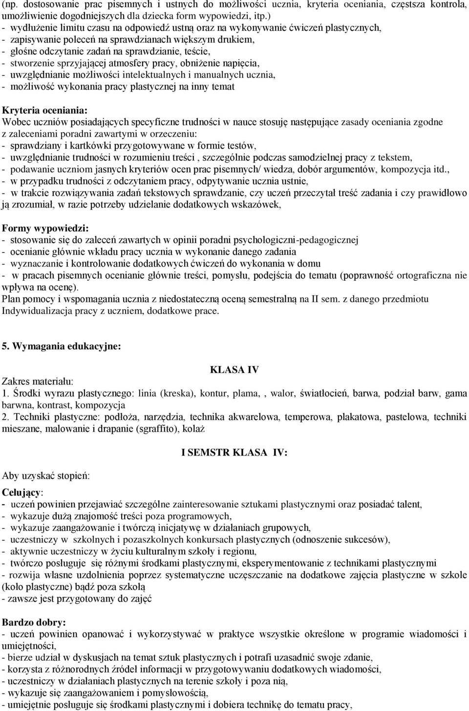 stworzenie sprzyjającej atmosfery pracy, obniżenie napięcia, - uwzględnianie możliwości intelektualnych i manualnych ucznia, - możliwość wykonania pracy plastycznej na inny temat Kryteria oceniania: